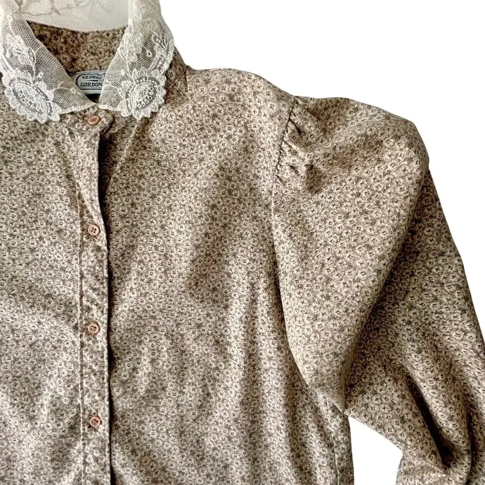 Vintage 70s Prairie Micro Floral Puffy Sleeves Lace Trim Cottage Pioneer Small - Picture 2 of 11